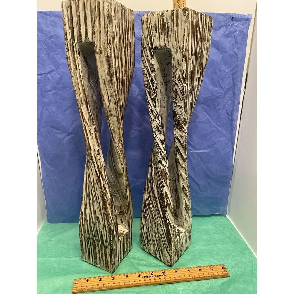 Handcrafted Hand carved wood twisted candleholders‎ Whitewashed Vintage 20